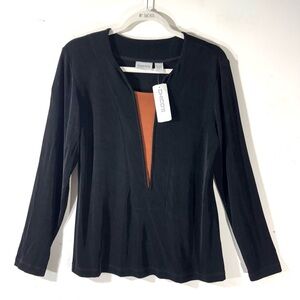 Chico's Travelers Black Karen Slinky Knit Top Brown inset NWT